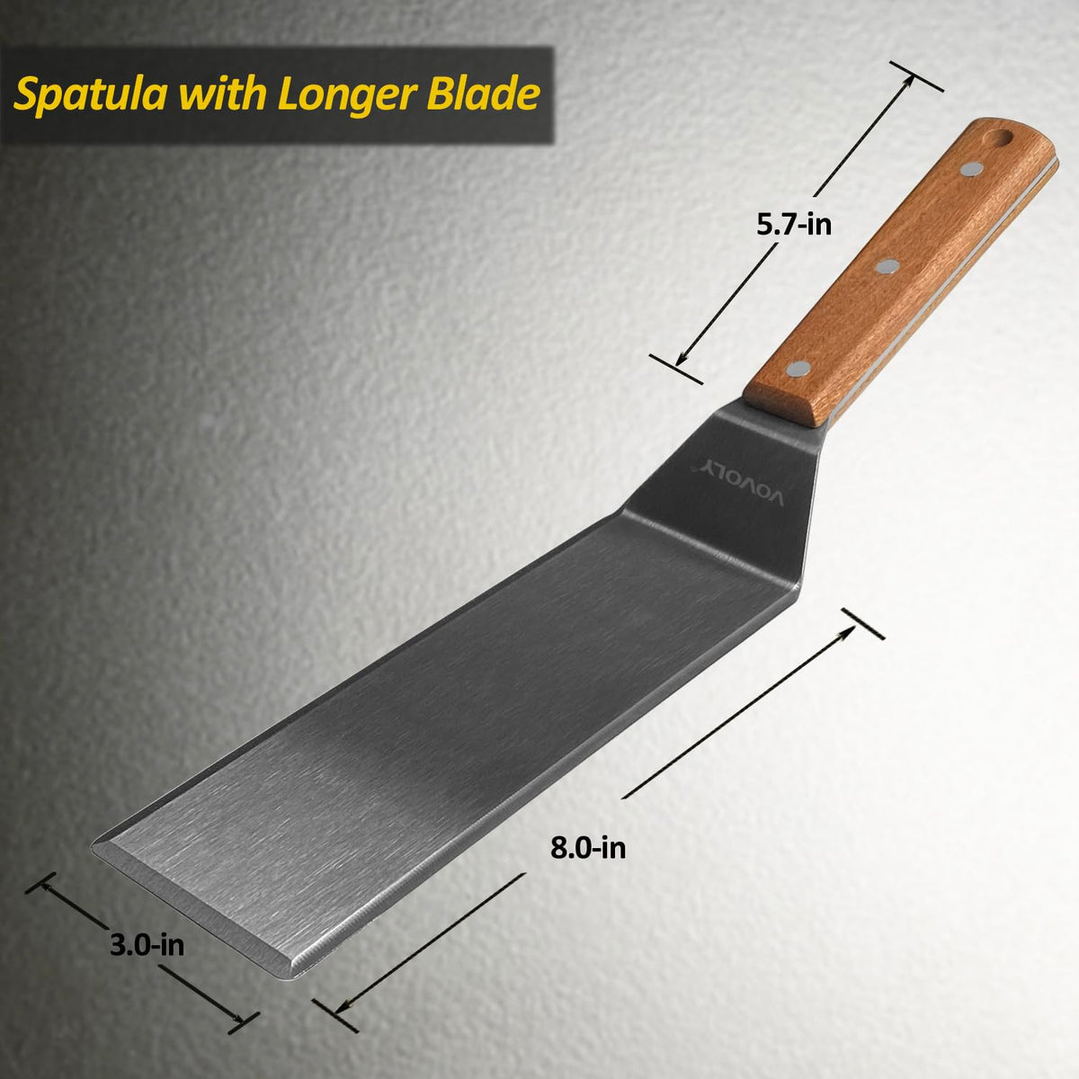 Vovoly long griddle spatula ideal for flipping pancakes and searing on flat tops.