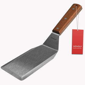 Vovoly professional metal spatula with full-tang wooden handle for durable grilling and precise flipping.