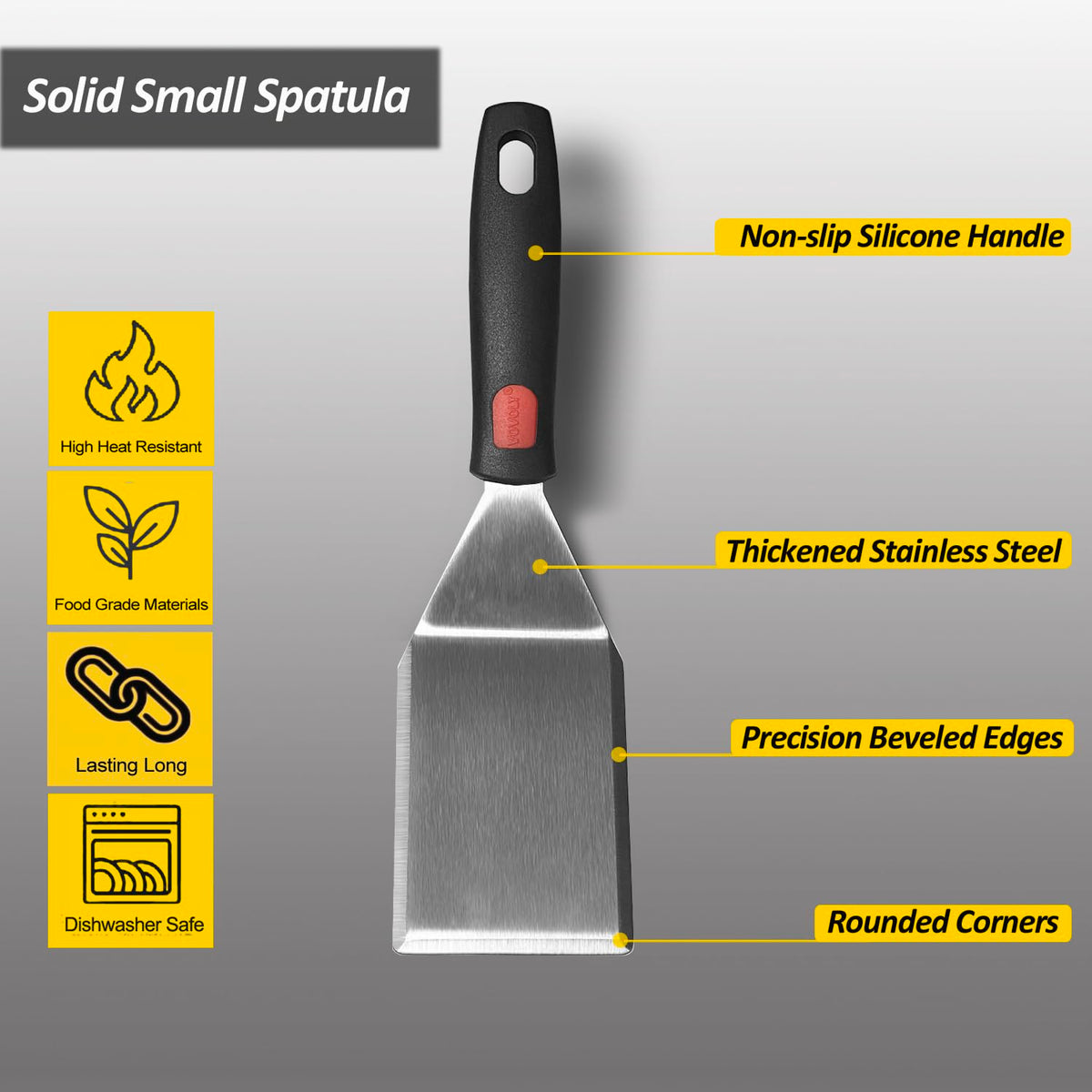 Vovoly small spatula focused on burger press with heavy-duty blade for even patties.