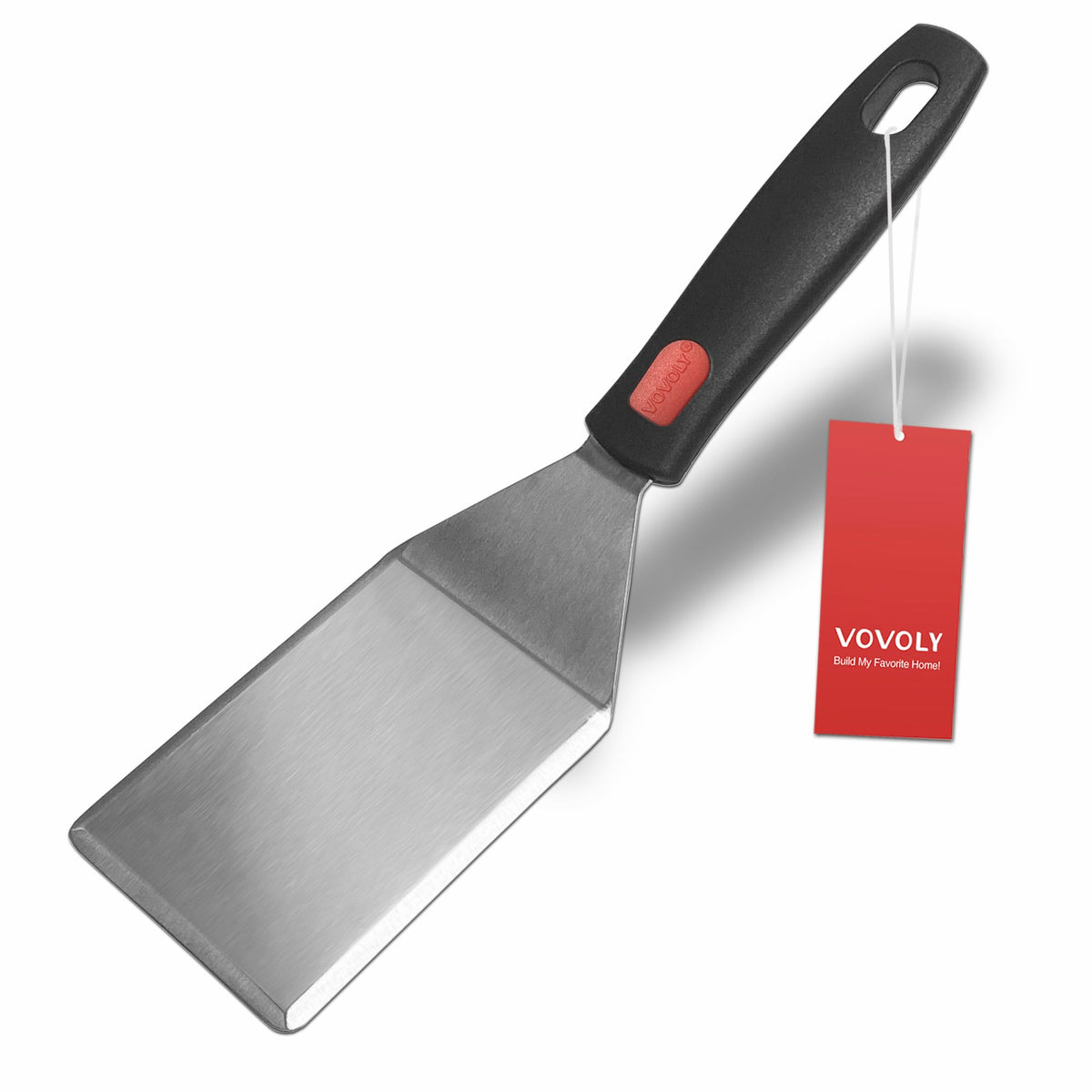 Vovoly small spatula with cast iron skillet blade for burger pressing and flipping.