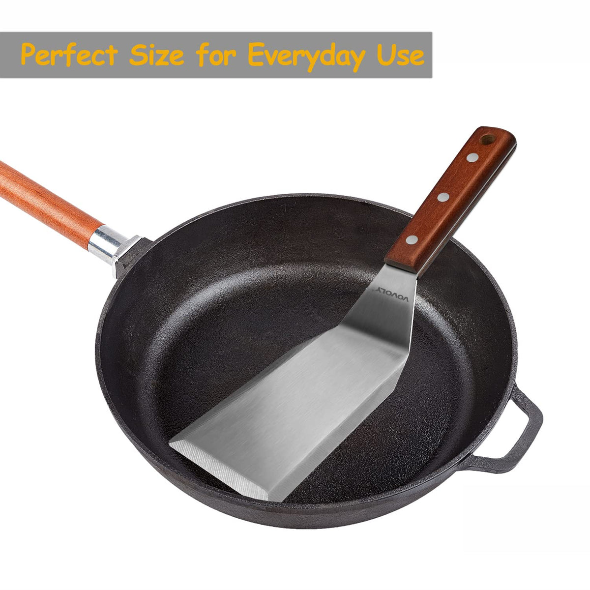 Vovoly smash burger spatula with stainless steel blade for even patty flattening.