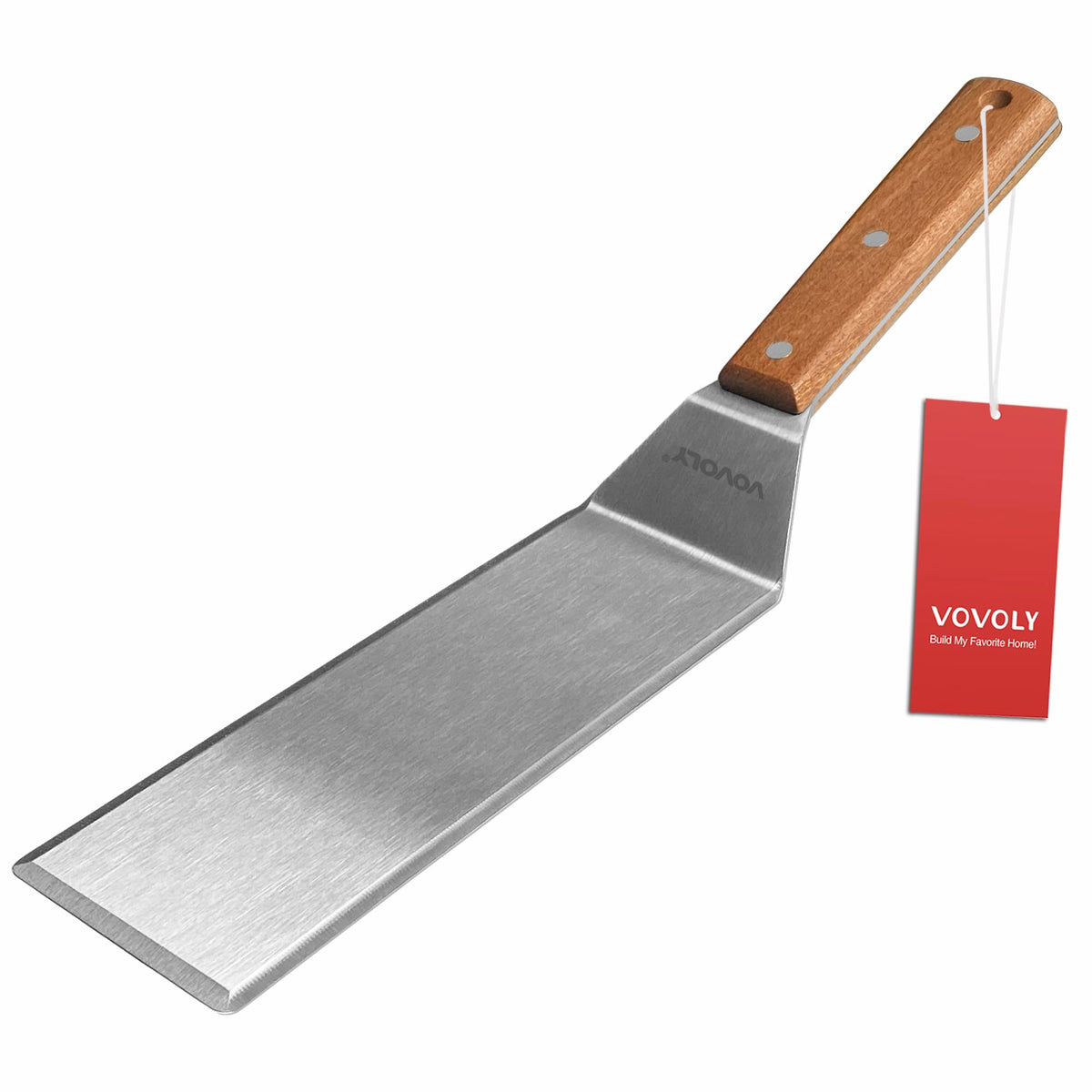 Vovoly stainless steel spatula with a 3x8 inch blade for durable burger pressing.