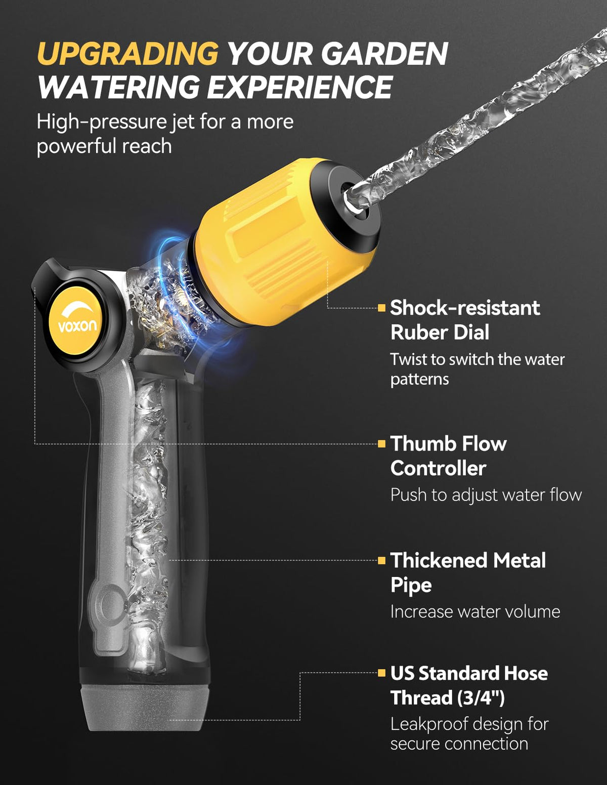 VOXON thumb flow control nozzle enabling precise watering from off to full