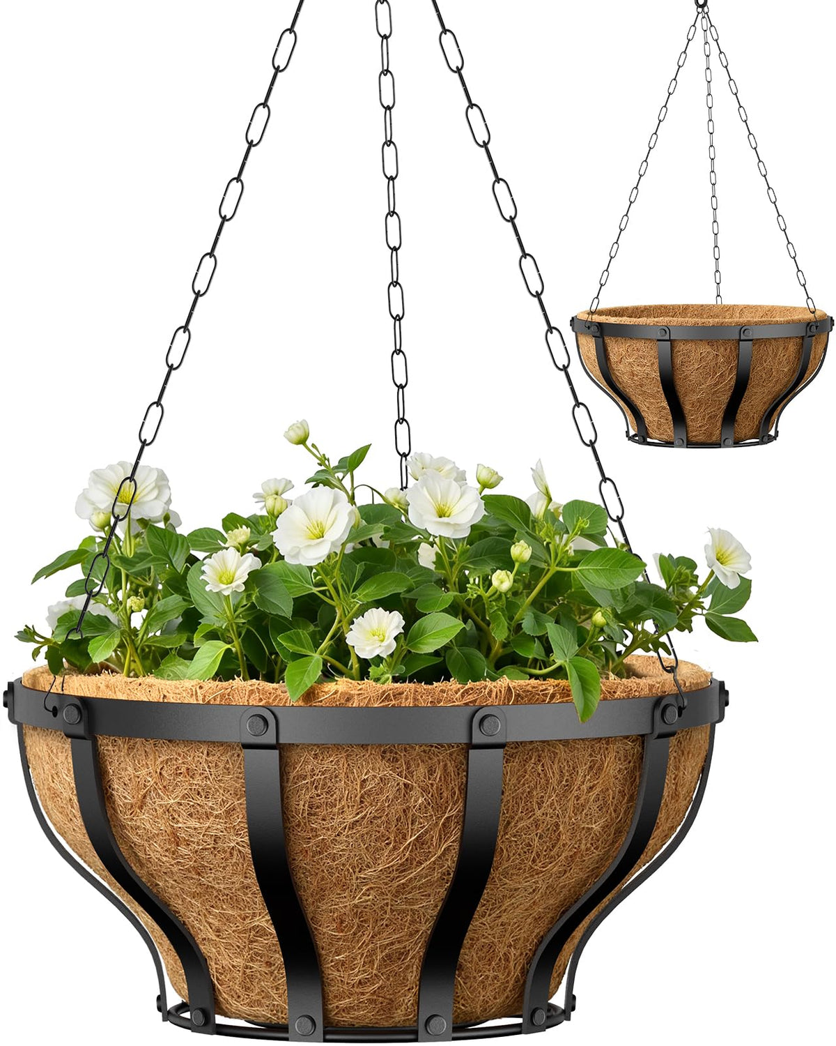 VOXOR metal hanging basket 12-inch close-up showing sturdy design for outdoor use.