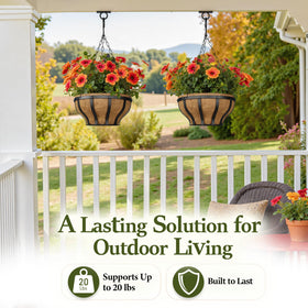 VOXOR metal hanging baskets with a secure 3-chain system for wind resistance.