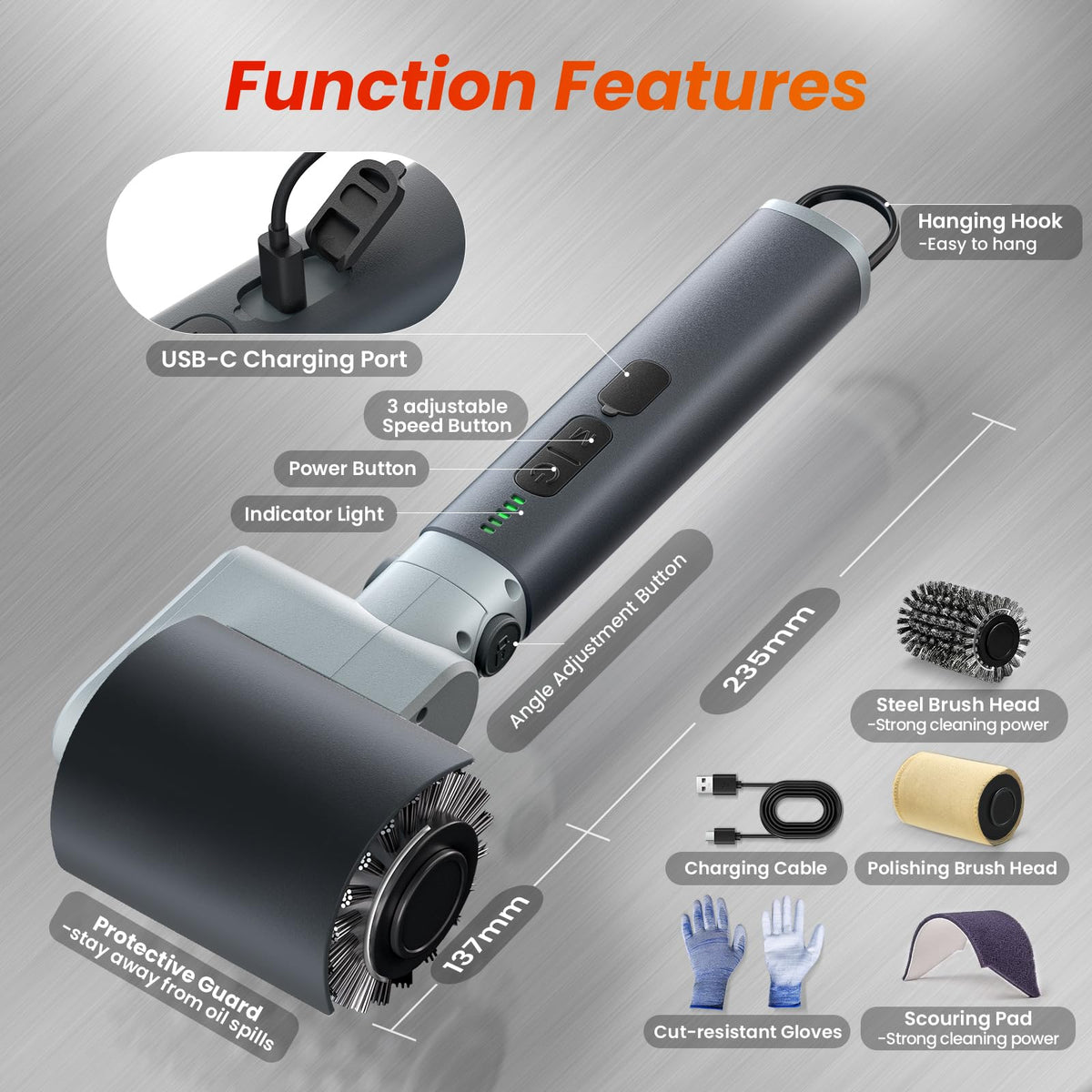 VOXPOA cordless grill cleaner with long battery life for grilling outdoors.