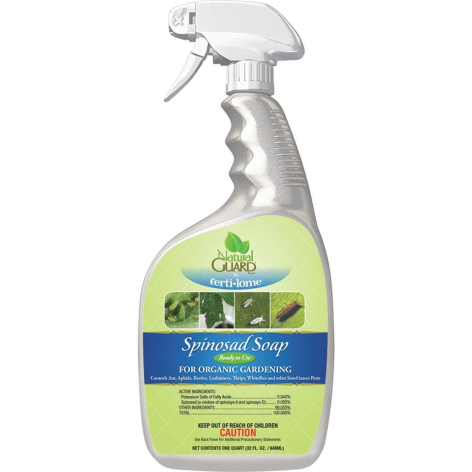 VPG Natural Guard Spinosad Soap bottle spraying vegetables to deter pests