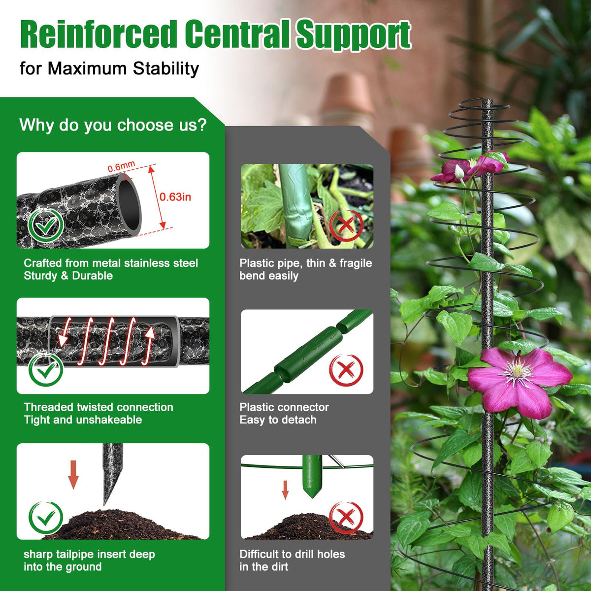 VRIEZOP heavy-duty trellis coil close-up shows reinforced center pole stability