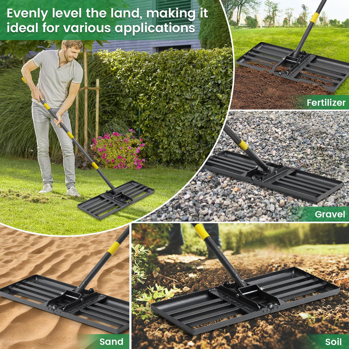 VRIEZOP Lawn Leveling Rake multi-use tool for lawns, gardens, and gravel paths