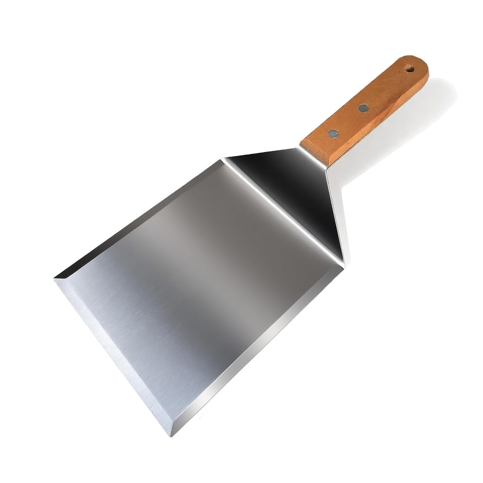 Vriysei Smash Burger Spatula with 6x5 inch steel blade for precise searing.