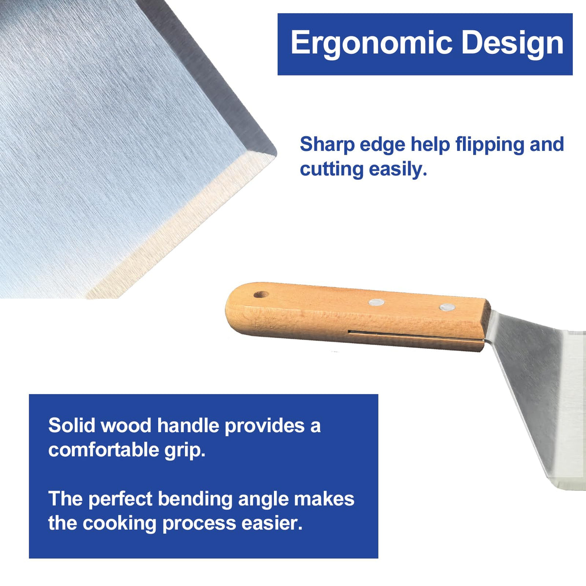 Vriysei three sided beveled edge spatula enables smooth crust sliding.