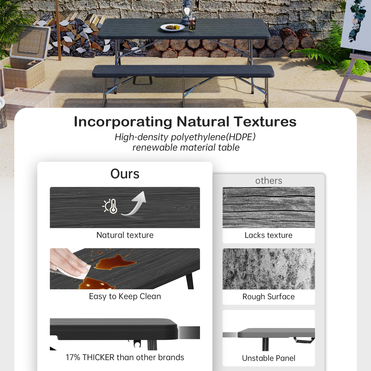 VSOAEIL outdoor dining setup with bench invites family meals and casual gatherings