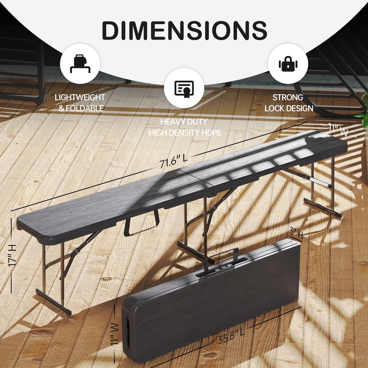 VSOAEIL folding bench side profile highlights sturdy leg design for outdoor use