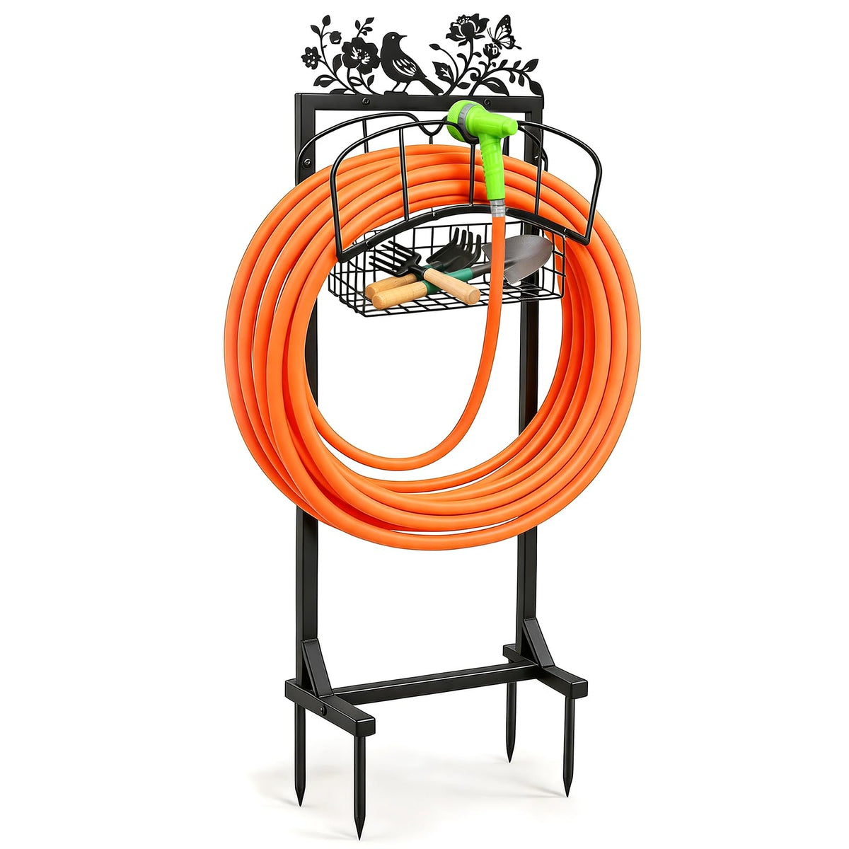 Vsoke garden hose holder with metal signs, front view, decorative organization.