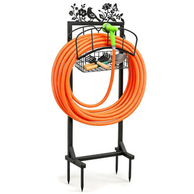Vsoke garden hose holder with metal signs, front view, decorative organization.