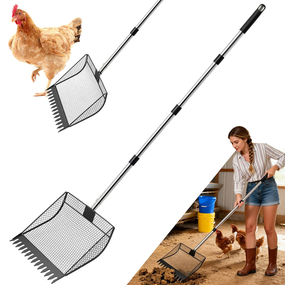Vsonker chicken poop scooper with adjustable handle for comfortable reach from 34 to 65 inches