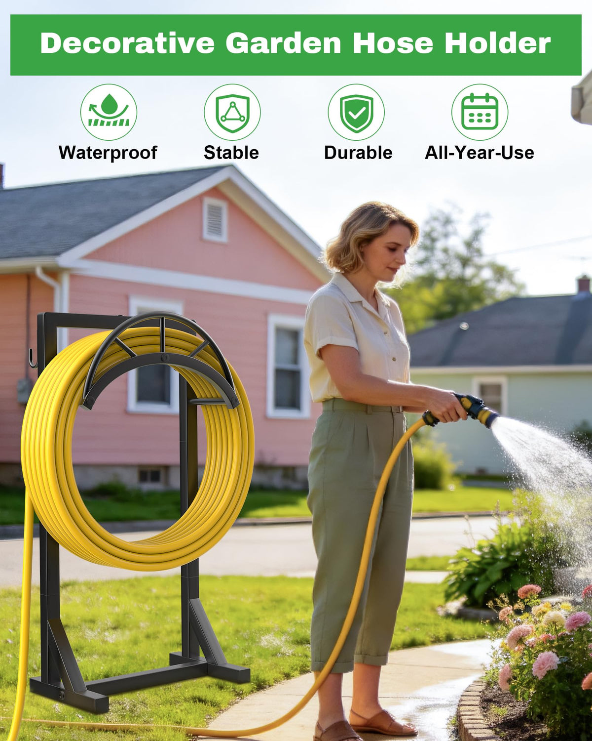 Vsonker hose stand showing stable base design for lawn or garden