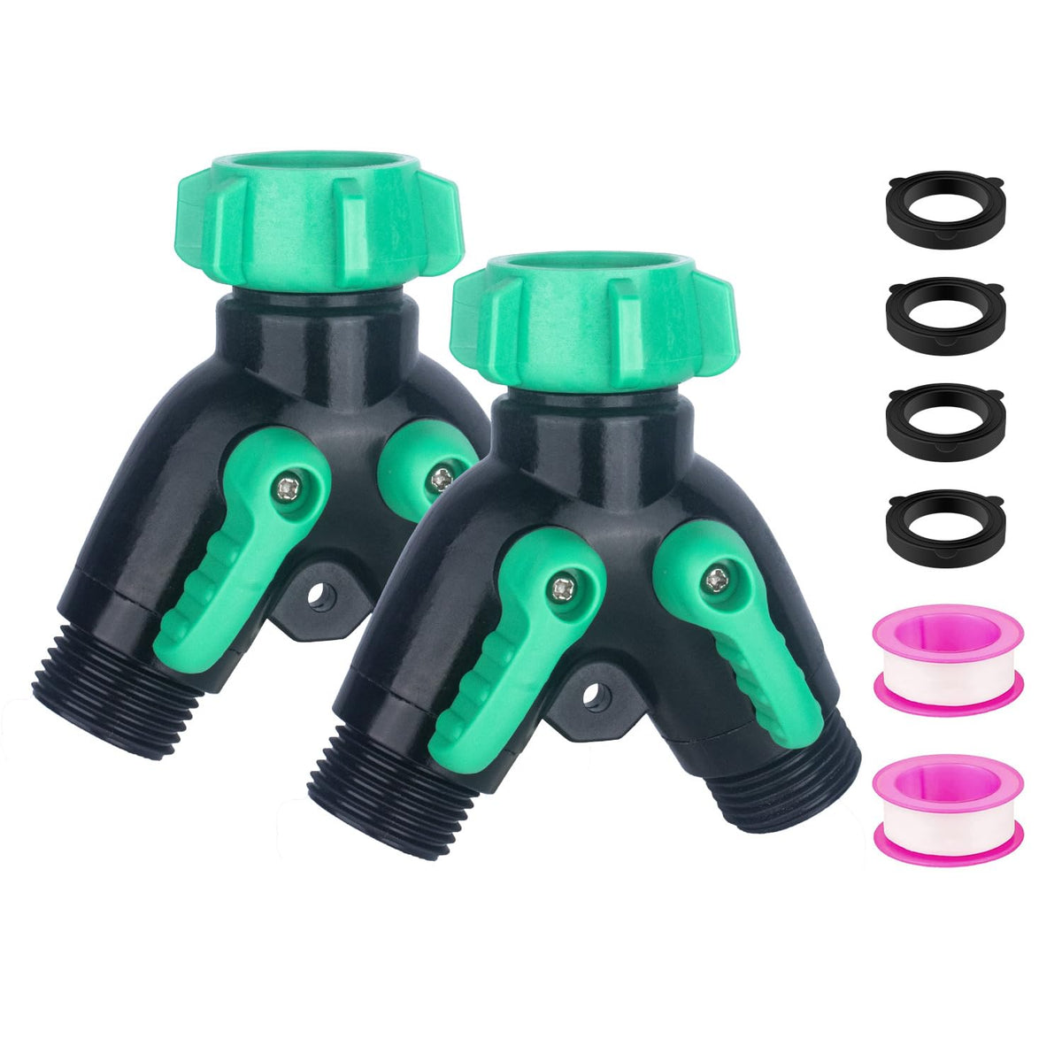 Vtenyeo 2-Pack garden hose splitter with dual outlets for easy water distribution.
