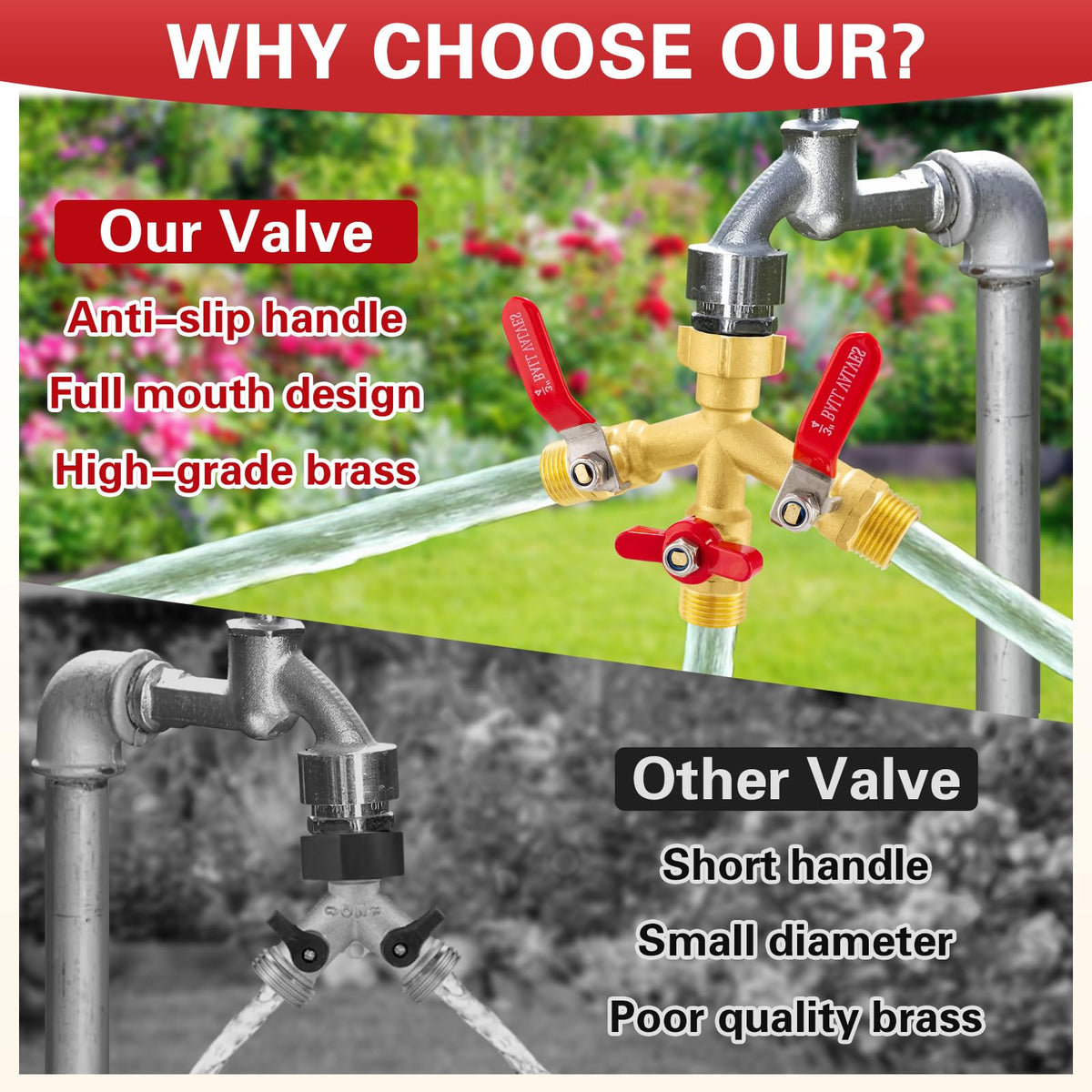 Vtenyeo garden use: three hoses running for sprinklers and tasks.