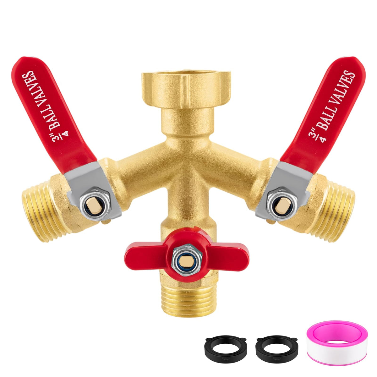 Vtenyeo high-flow 3-way splitter front view shows sturdy brass construction.