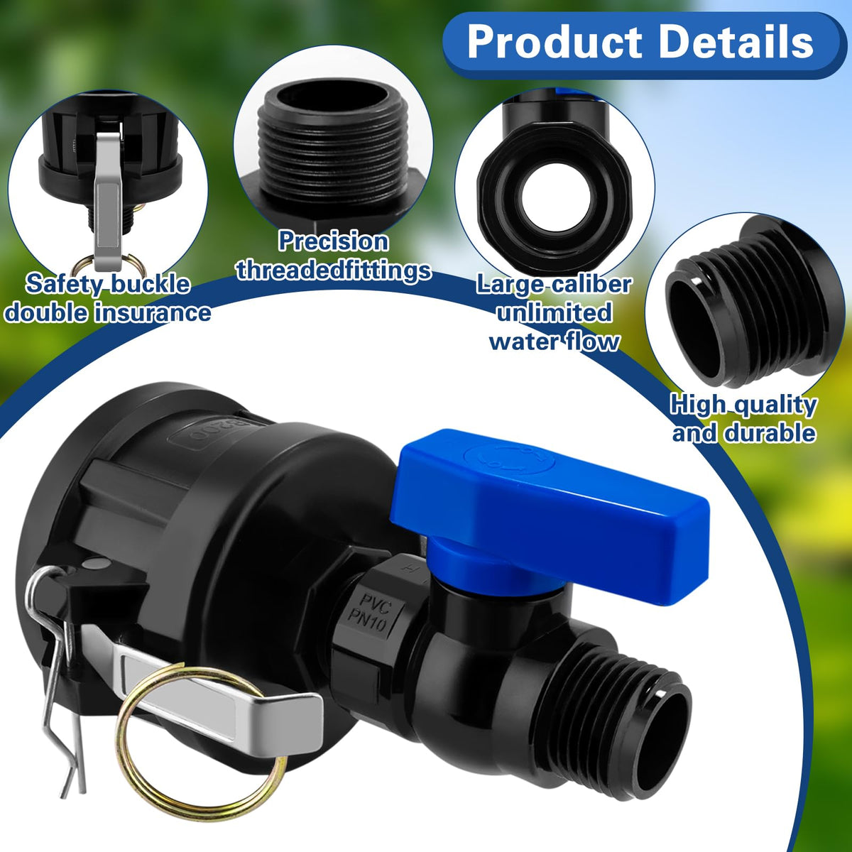 Vtenyeo adapter connects to a 3/4 inch garden hose for irrigation.