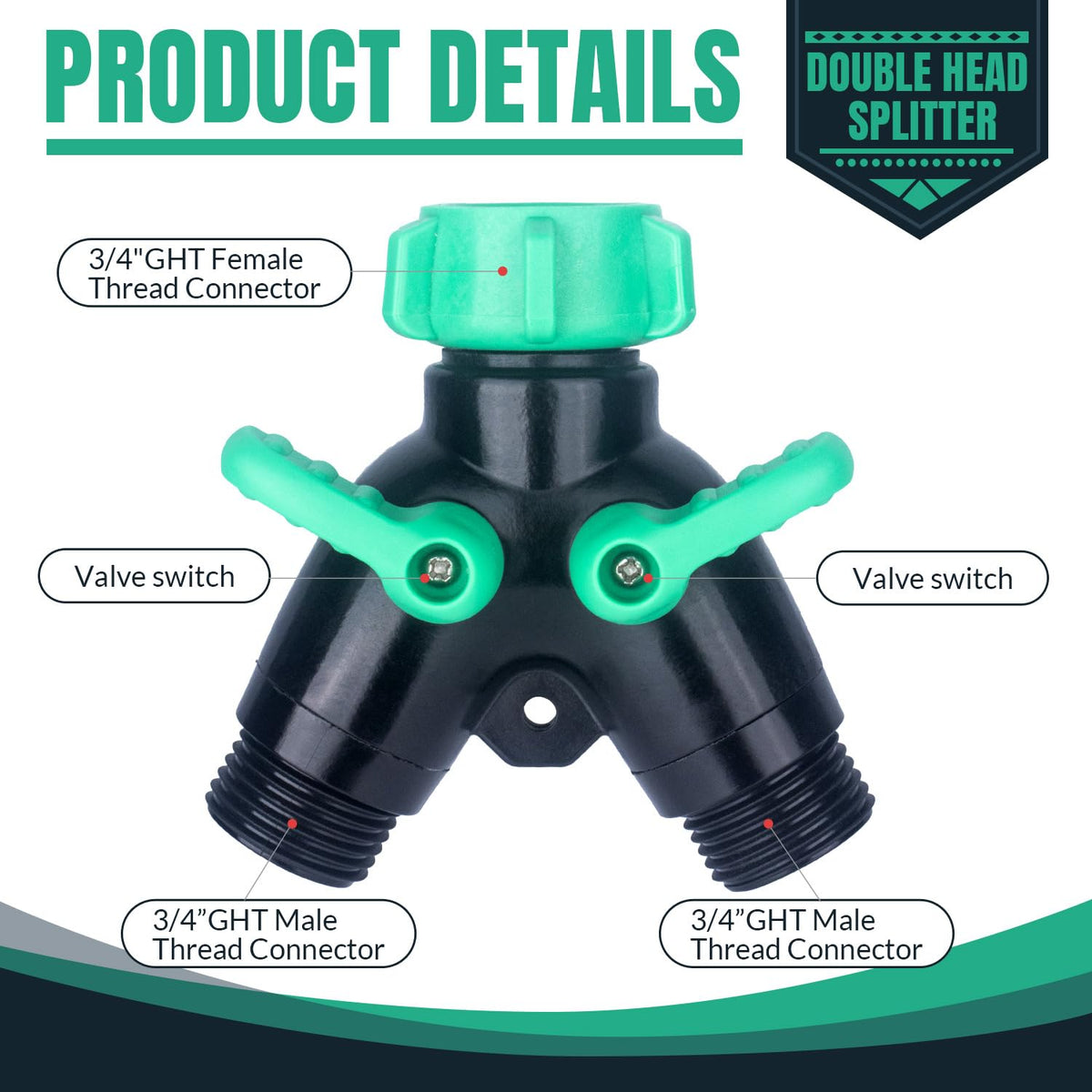 Leak-proof Vtenyeo splitter shown with rubber gaskets to prevent drips.