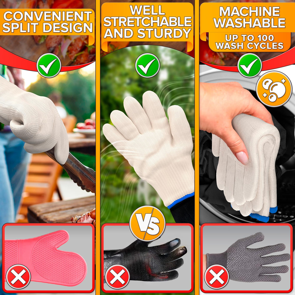V TOWER frying-safe gloves lifting hot pots and woks.