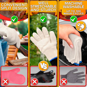 V TOWER frying-safe gloves lifting hot pots and woks.