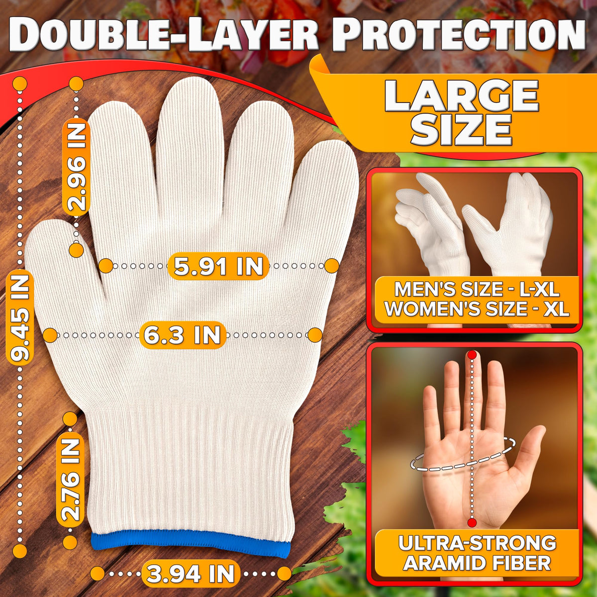 V TOWER glove palm grip detail showing secure grip for hot pans.