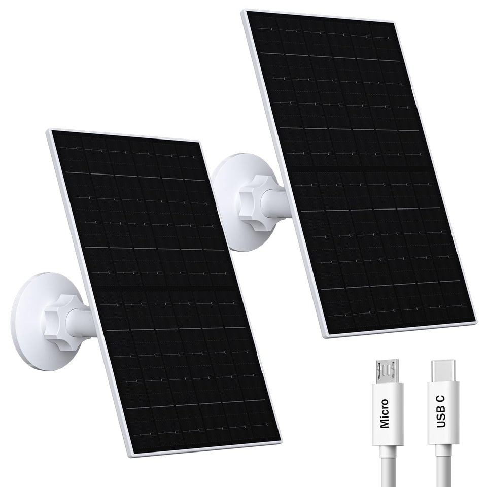 VueBee 7W solar panel mounted beside an EufyCam for uninterrupted outdoor power