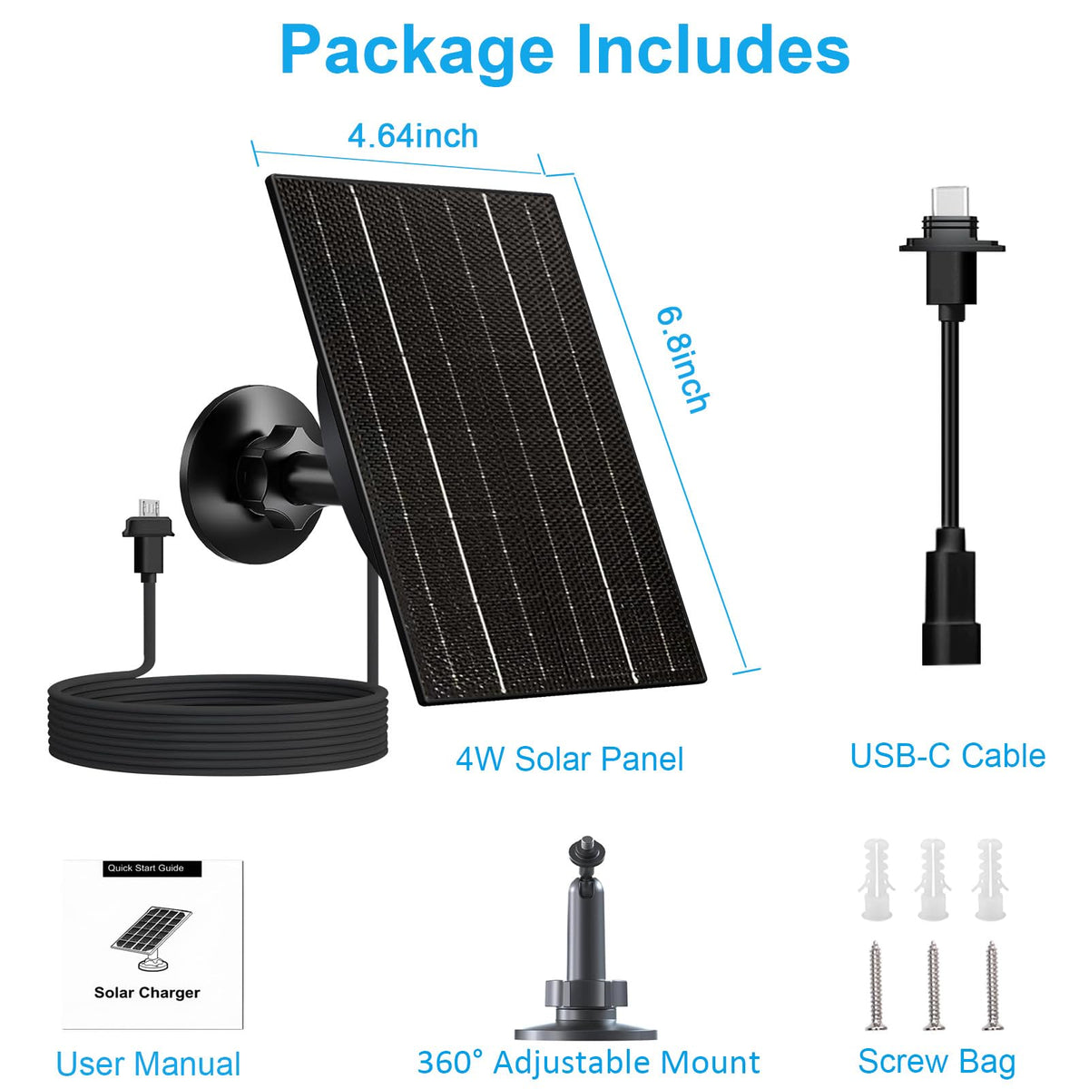VUEBEE all-in-one kit includes panel, adapters, mount, and screws.