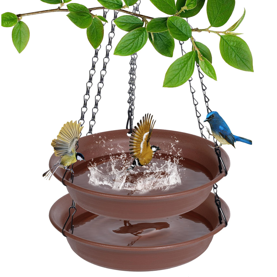 VUWEZ hanging bird bath with 10-inch tray in chocolate color for garden birds.