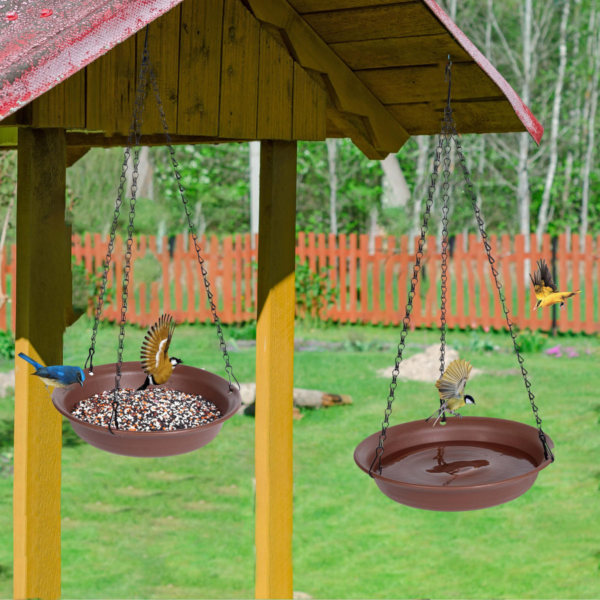VUWEZ hanging birdbath features a sturdy 16-inch chain for adjustable height