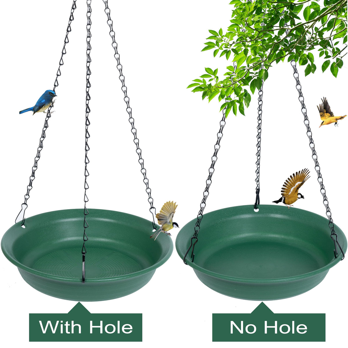 VUWEZ hanging birdbath no-hole tray for splash-free water for birds.