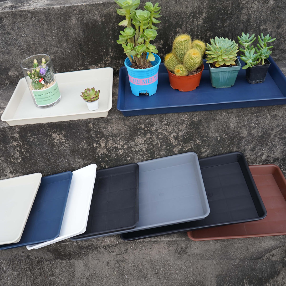 VUWEZ indoor-outdoor plant trays suit any space and weather, from shelves to patios.