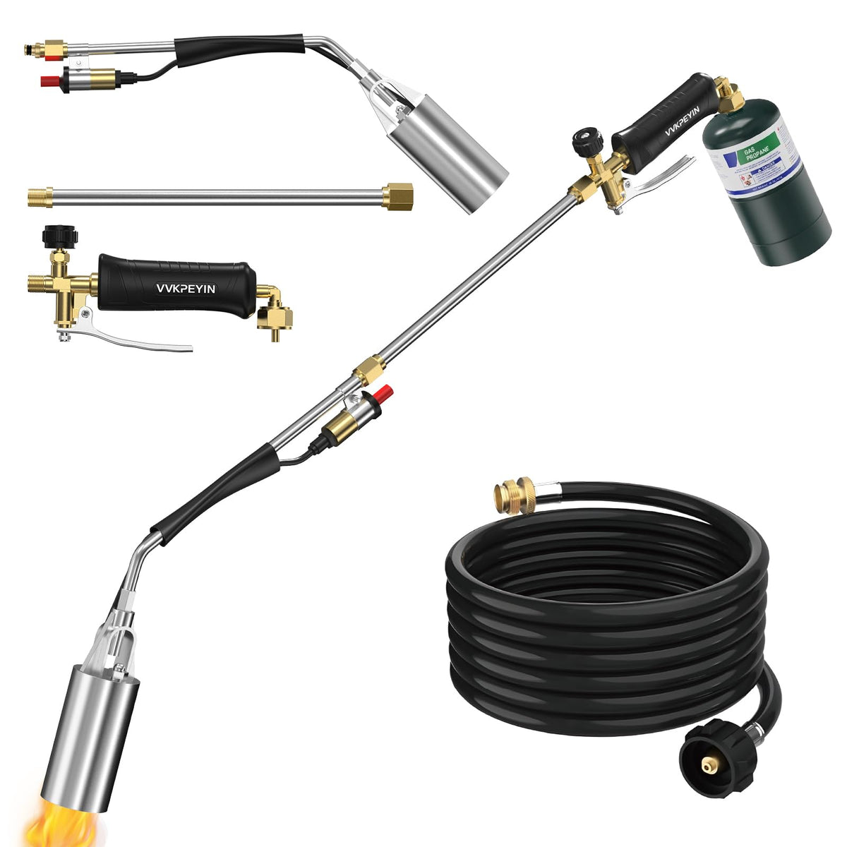 Packaging includes detachable torch, 12ft hose, and two wrenches