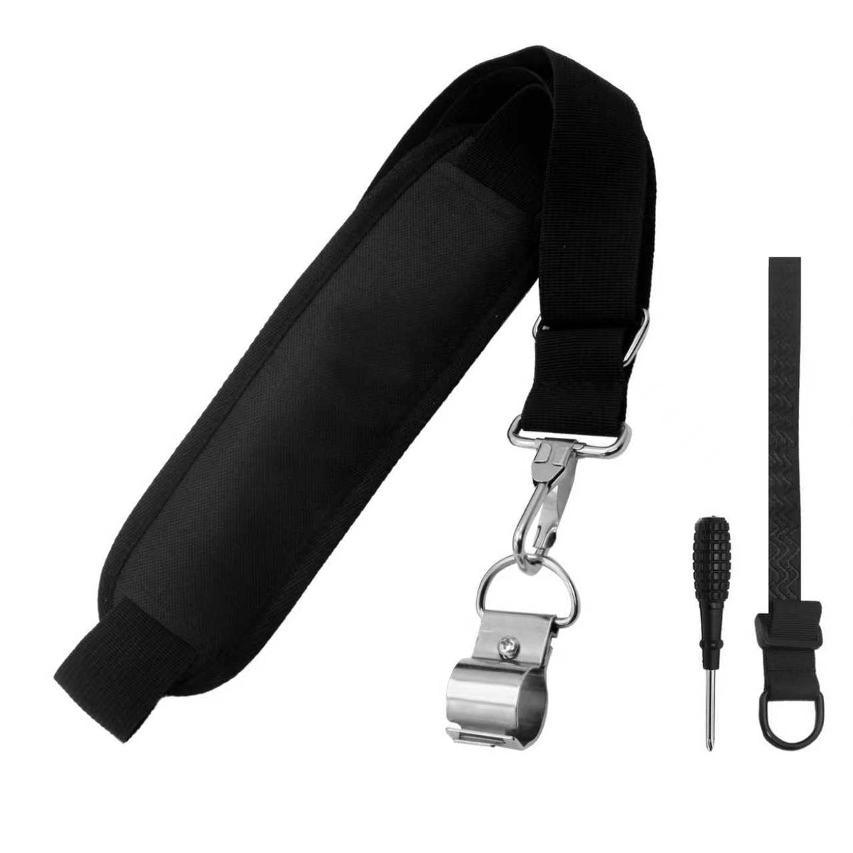 VYF shoulder strap with universal clip secures trimmers for hands free operation.