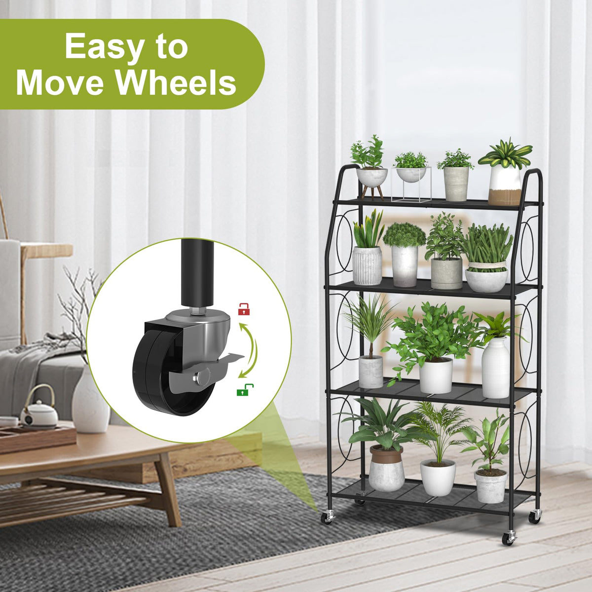 VyGrow 4-tier stand with wheels, side view highlighting sturdy frame and mobility