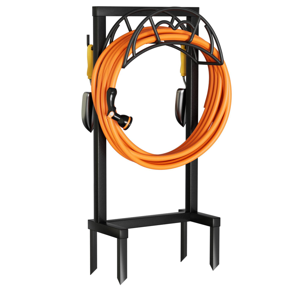 VyGrow garden hose holder base and poles stabilizing long hoses for outdoor watering.
