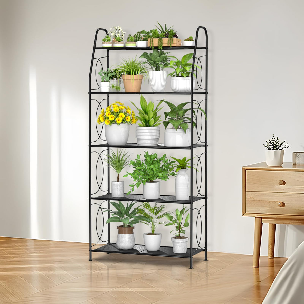 VyGrow heavy-duty metal mesh shelf keeps outdoor plants stable and accessible.