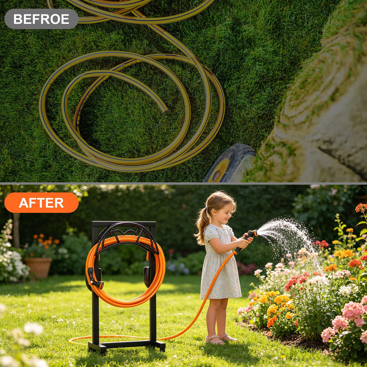 VyGrow hose reel rack shown with dimensions 15.2 by 8.3 by 41.3 inches.