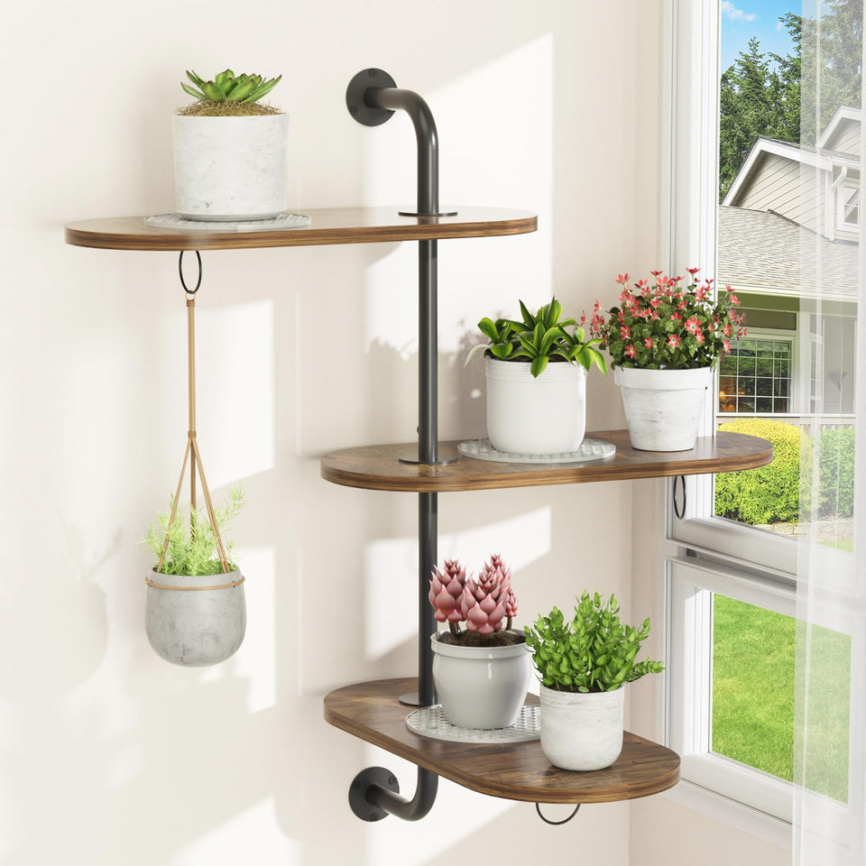 VyGrow rotating window plant shelf 3-tier antique wood displaying sun-loving plants