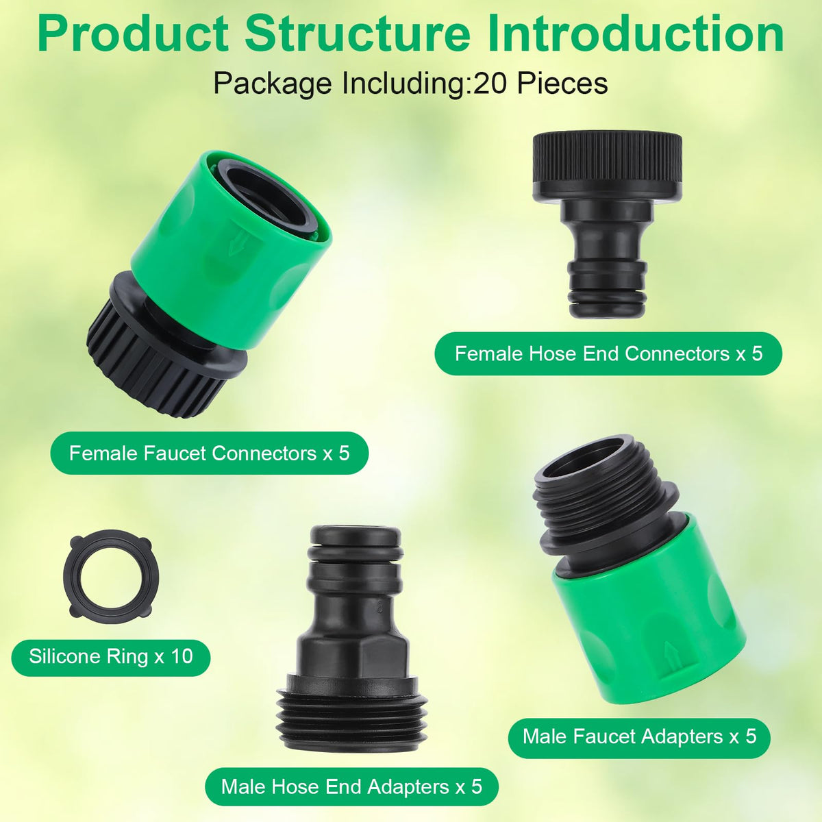 VYH faucet connector pairs for tight, drip-free irrigation setup
