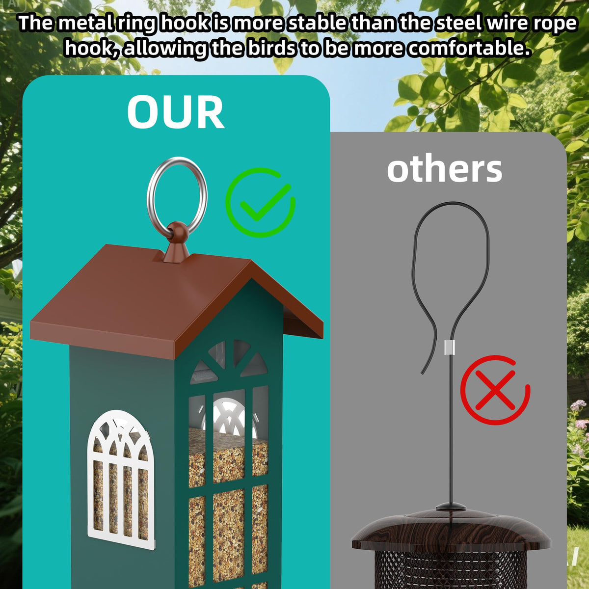 VYHAG stable metal-hook bird feeder minimizes swing for calm feeding.