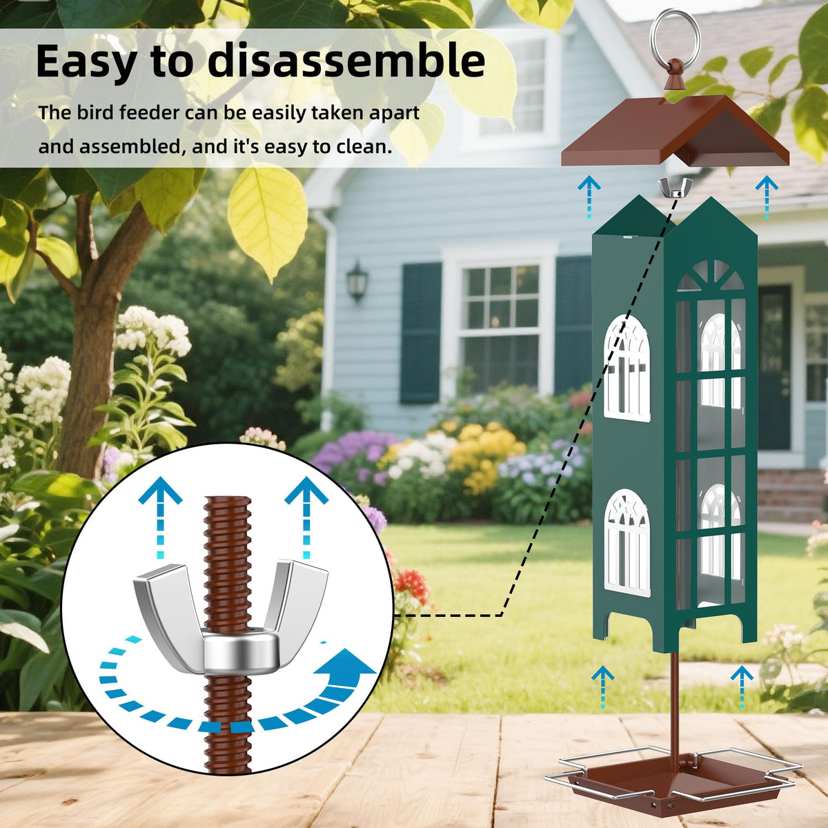 VYHAG waterproof-rustproof bird feeder keeps seed dry in rain.