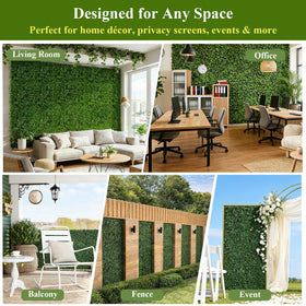 VYNALTIX greenery wall panels arrive slightly compressed; simply fluff for fullness.