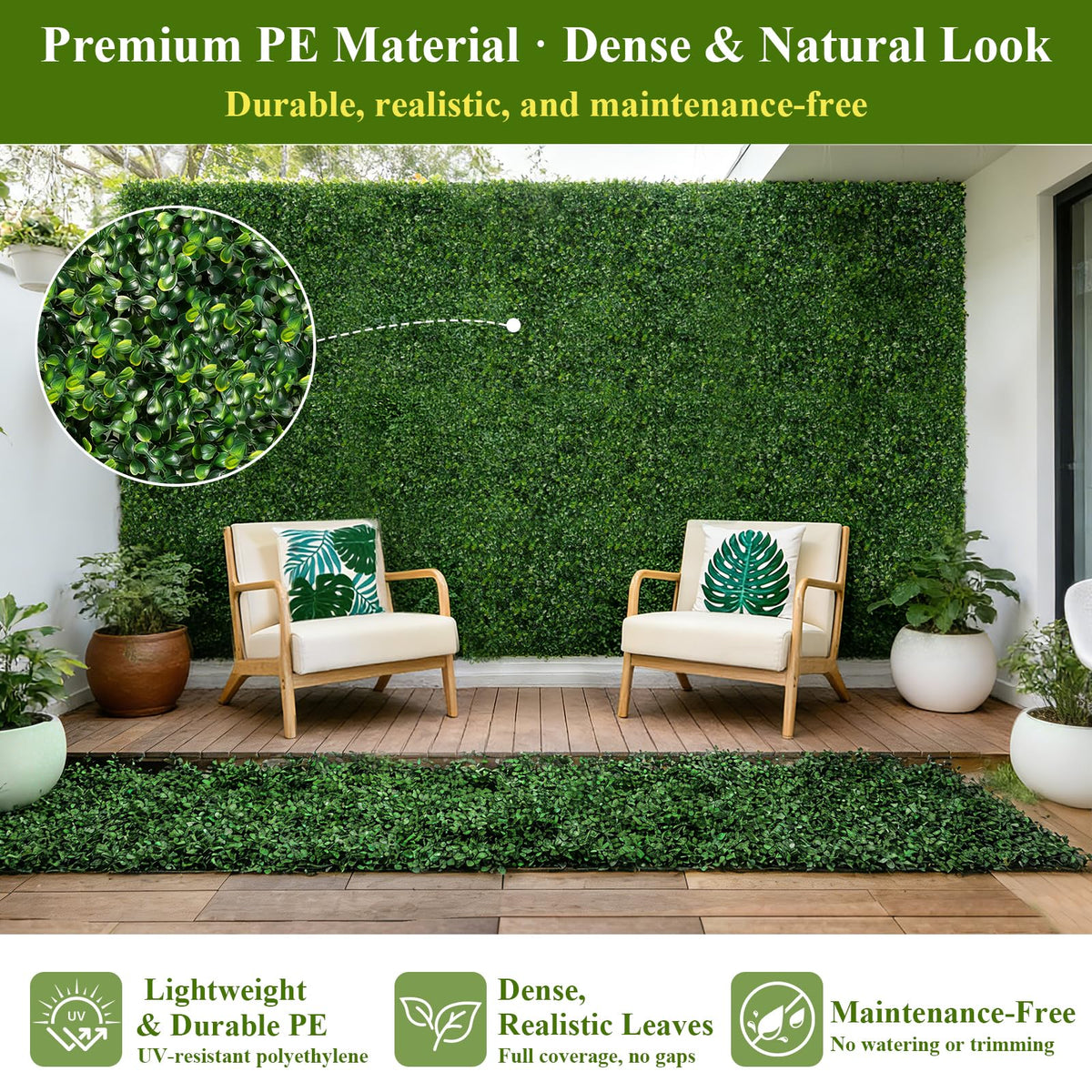 VYNALTIX realistic faux boxwood hedge wall with multi-tone leaves.