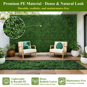 VYNALTIX realistic faux boxwood hedge wall with multi-tone leaves.