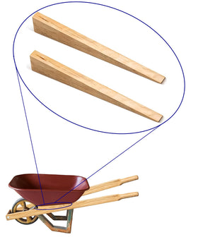 Vynl-X wooden wedge pair securing wheelbarrow handles for stable yard work.