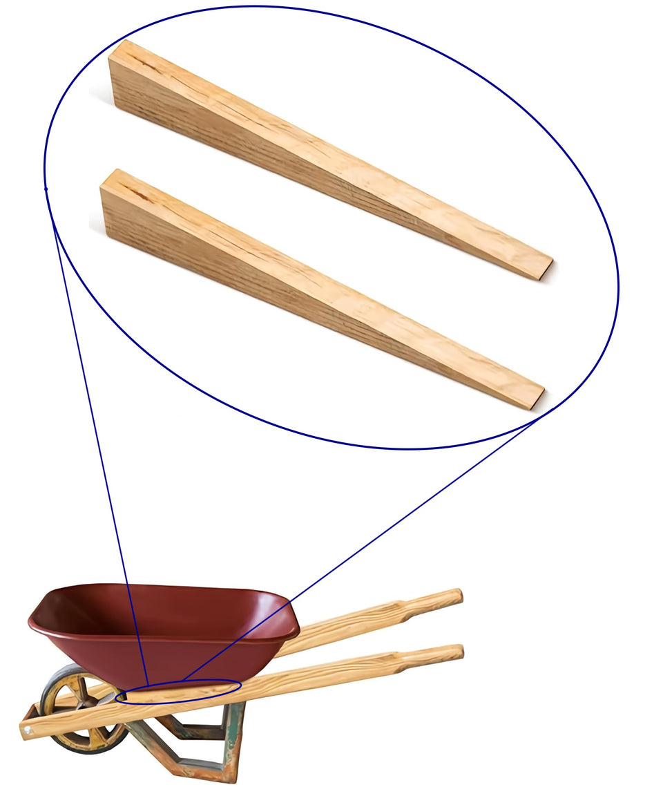 Vynl-X wooden wedge pair securing wheelbarrow handles for stable yard work.